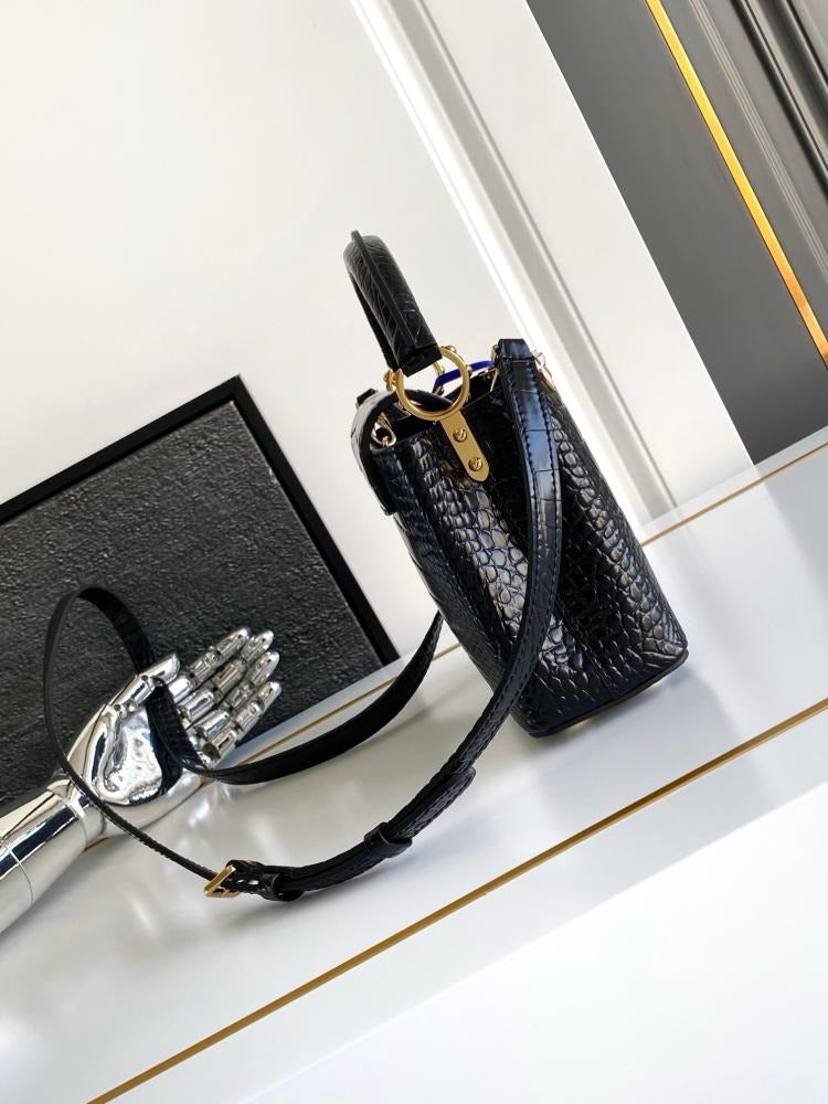 Capucines Mini Taurillon Leather Python Trim Top Handle Bag
