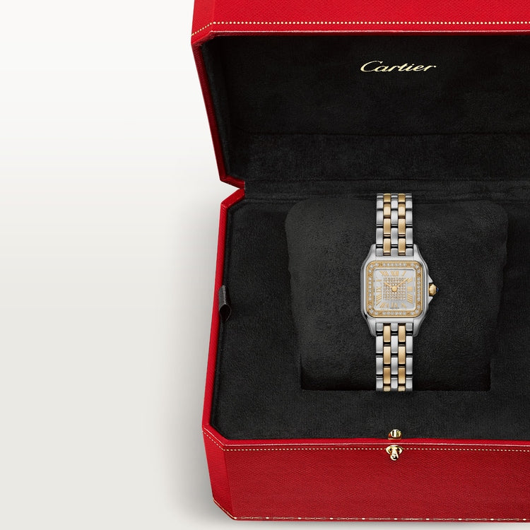 Panthère de Cartier Small 30.3mm x 22mm Yellow Gold Steel Diamond Bezel Blue Crown Silvered Diamond Dial Yellow Gold Steel Bracelet Quartz Watch