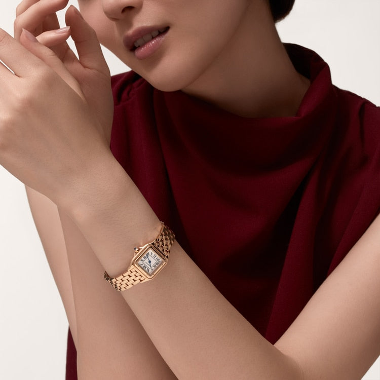 Panthère Small 23mm x 30mm Rose Gold Blue Crown Silvered Dial Rose Gold Bracelet Quartz Watch
