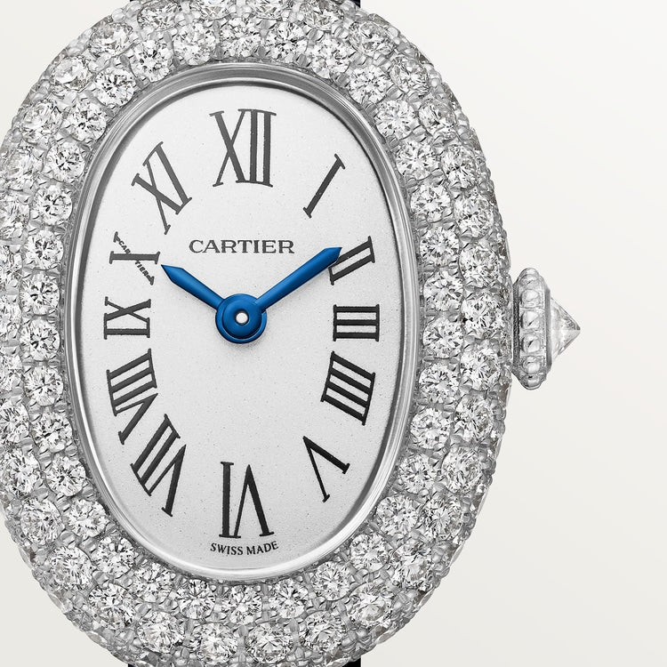 Baignoire Mini 24.6mm x 18.7mm White Gold Diamond Case Diamond Crown Silvered Dial Navy Blue Patent Leather Strap Quartz Watch