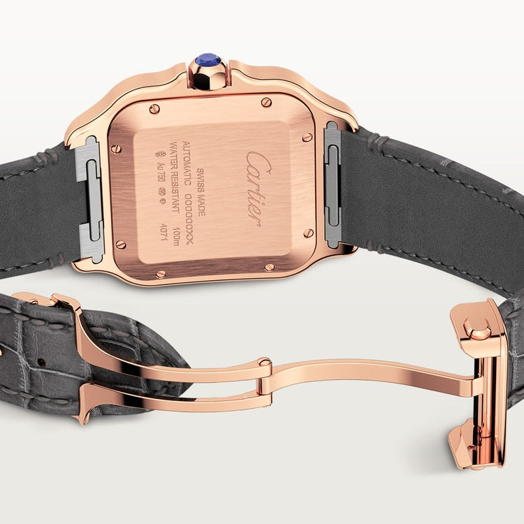 Santos de Cartier Large 39.8mm Rose Gold Blue Crown Opaline Silver Dial Alligator Strap Self-Winding Watch