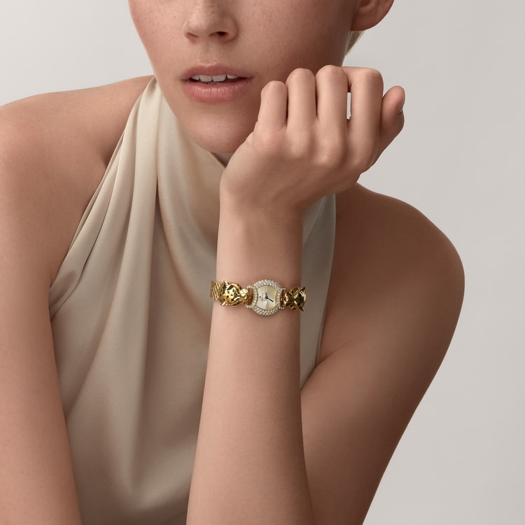 Panthère de Cartier Small 22.2mm Yellow Gold Diamond Bezel Tsavorite Eyes Golden Dial Yellow Gold Bracelet Quartz Watch