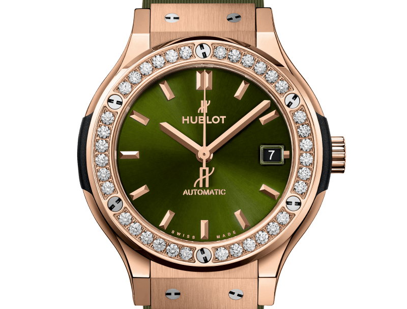 Classic Fusion 38 mm 18K King Gold Diamond Green Sunray Dial Rubber Strap Watch