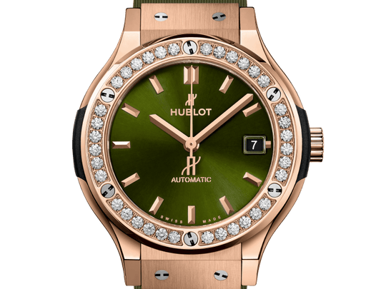 Classic Fusion 38 mm 18K King Gold Diamond Green Sunray Dial Rubber Strap Watch