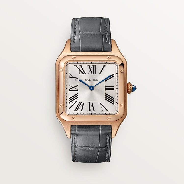 Santos-Dumont Large 43.5mm x 31.4mm Rose Gold Silver Satin-Finish Dial Gray Alligator Strap Quartz Watch