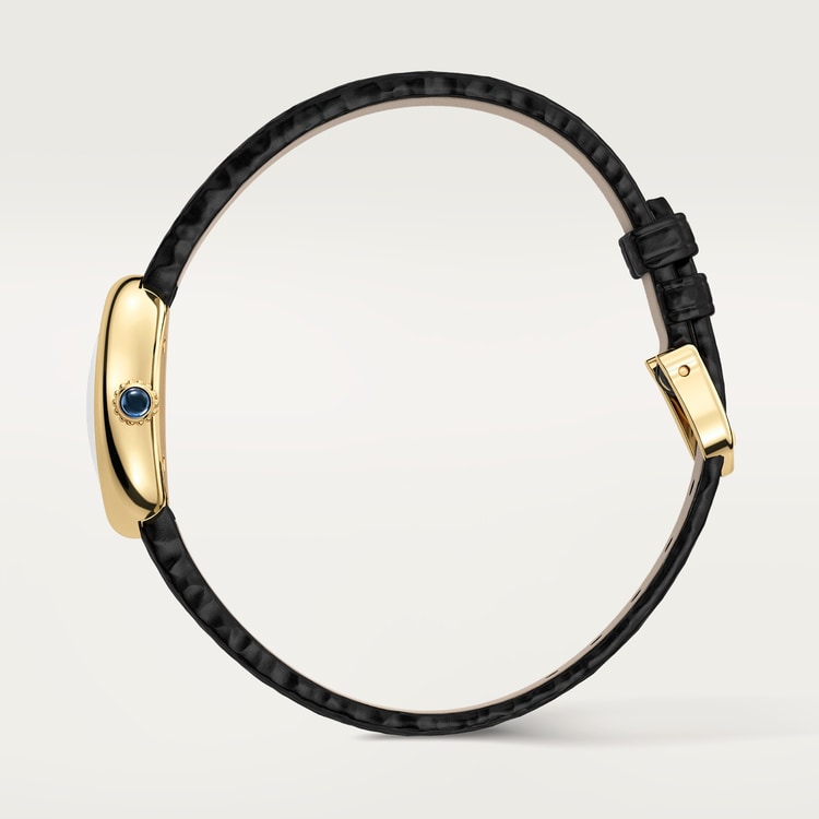Baignoire Mini 24.6mm x 18.7mm Yellow Gold Beaded Crown Sapphire Cabochon Silvered Dial Black Patent Leather Strap Quartz Watch