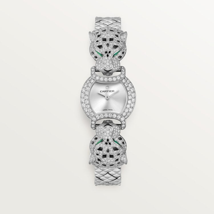 Panthère Mini 22.2mm White Gold Diamond Case Emerald Eyes Silvered Dial White Gold Bracelet Quartz Watch