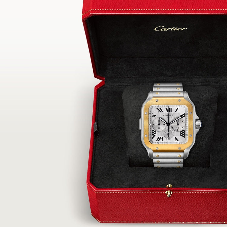 Santos de Cartier Chronograph Extra-Large 51.3mm x 43.3mm Steel Yellow Gold Bezel Silver Dial Steel Bracelet Self-Winding Watch