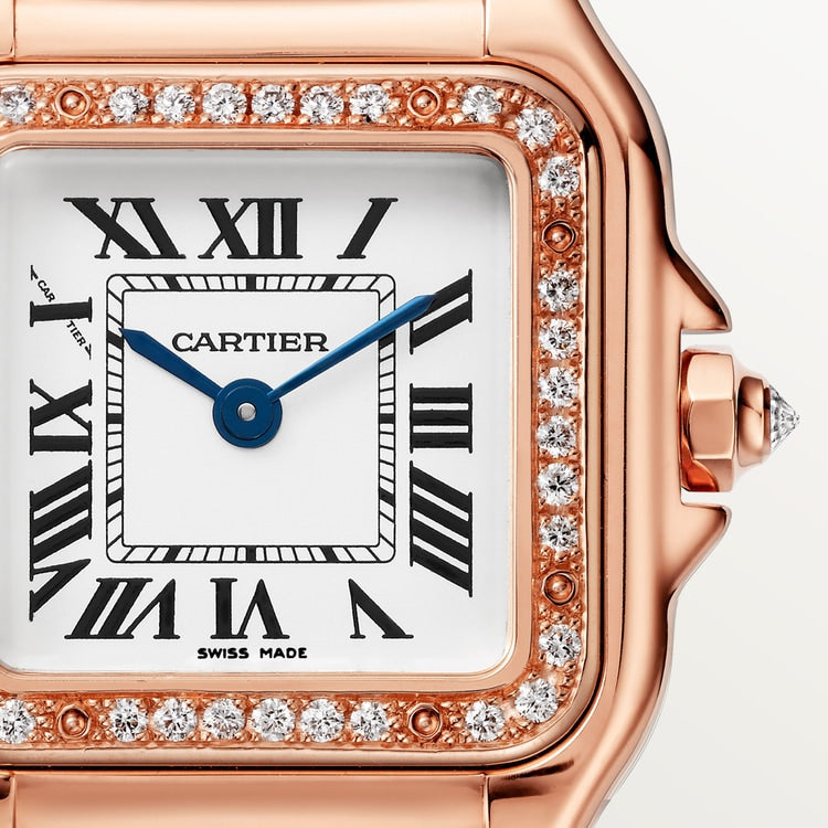 Panthère Small 30.3mm x 22.0mm Rose Gold Diamond Bezel Diamond Crown Silvered Dial Rose Gold Bracelet Quartz Watch