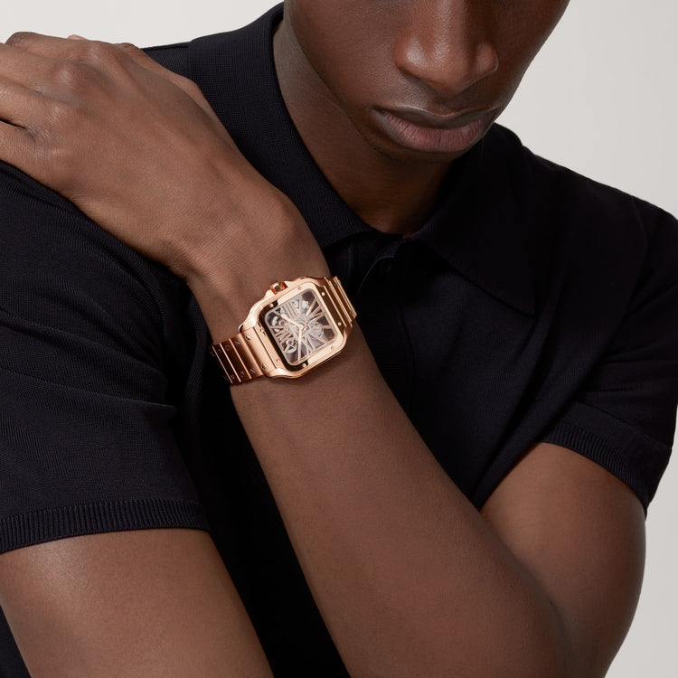 Santos de Cartier Large 39.7mm Rose Gold Blue Crown Skeleton Dial Rose Gold Bracelet Manual-Winding Watch