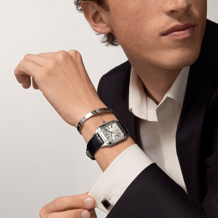 Santos-Dumont Extra-Large 46.6mm x 33.9mm Steel Silvered Satin-Finish Dial Navy Blue Alligator Strap Manual-Winding Watch
