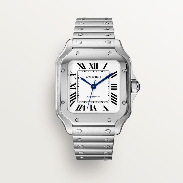 Santos de Cartier Medium 35.1mm Steel Blue Crown Silvered Opaline Dial Steel Bracelet Automatic Watch