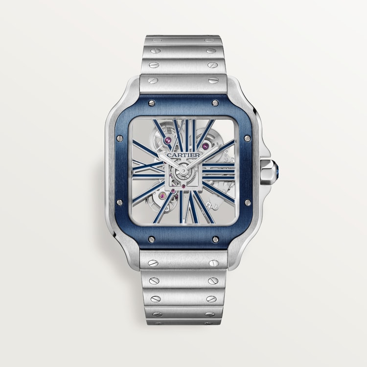 Santos de Cartier Skeleton Large 39.8mm Steel Blue Crown Skeleton Dial Steel Bracelet Manual-Winding Watch