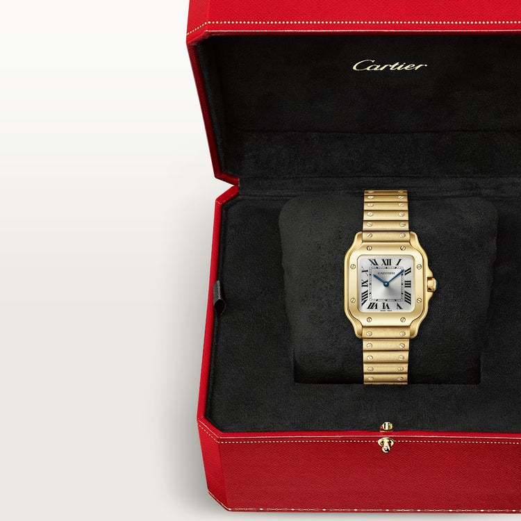 Santos de Cartier Small 34.5mm x 27mm Yellow Gold Blue Crown Silver Sunray Dial Yellow Gold Bracelet Quartz Watch
