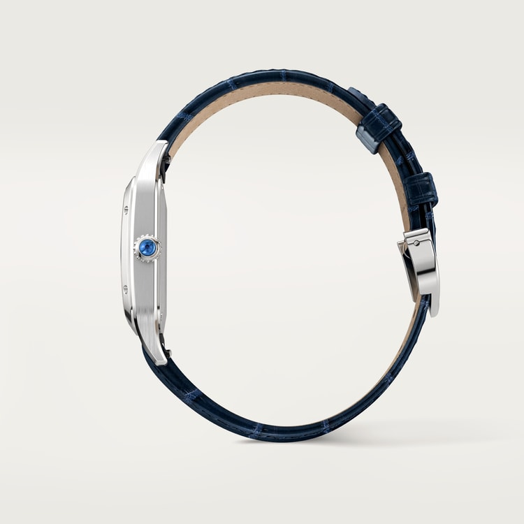 Santos-Dumont Small 38mm x 27.5mm Steel Blue Crown Silver Sunray Dial Navy Blue Alligator Strap Quartz Watch