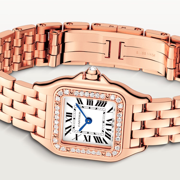 Panthère de Cartier Small 22mm x 30mm Rose Gold Diamond Bezel Diamond Crown Silvered Dial Rose Gold Bracelet Quartz Watch