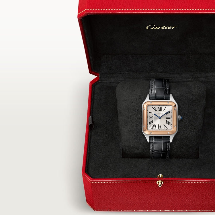 Santos-Dumont Small 38mm x 27.5mm Steel Rose Gold Bezel Silvered Satin-Finish Dial Black Alligator Strap Quartz Watch