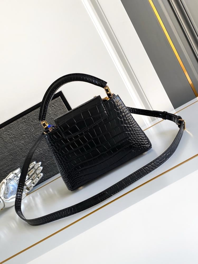 Capucines Mini Taurillon Leather Python Trim Top Handle Bag
