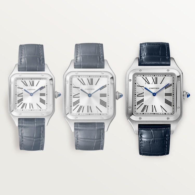 Santos-Dumont Extra-Large 46.6mm x 33.9mm Steel Silvered Satin-Finish Dial Navy Blue Alligator Strap Manual-Winding Watch