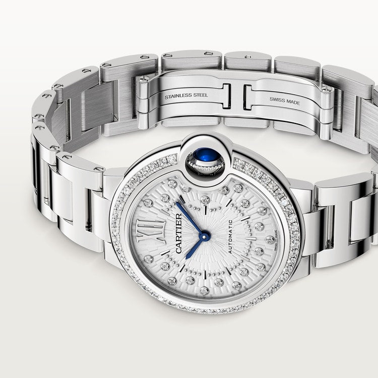 Ballon Bleu 33mm Steel Automatic Diamond Bezel Silver Guilloché Dial Steel Bracelet Watch