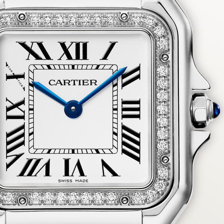 Panthère de Cartier Medium 36.5mm x 26.7mm Steel Diamond Bezel Blue Crown Silver Dial Steel Bracelet Quartz Watch