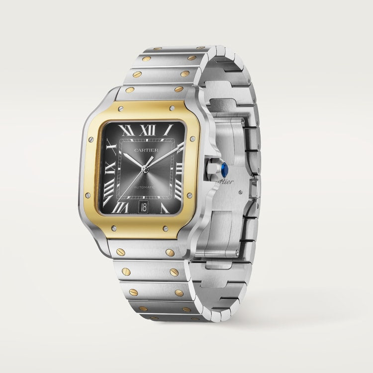 Santos de Cartier Large 39.8mm Steel Yellow Gold Blue Crown Anthracite Gray Dial Steel Bracelet Automatic Watch