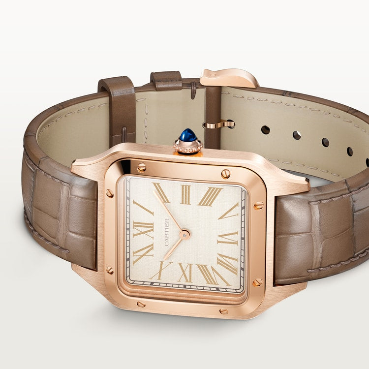 Santos-Dumont Extra-Large 46.6mm x 33.9mm Rose Gold Blue Crown Beige Dial Brown Alligator Strap Manual-Winding Watch
