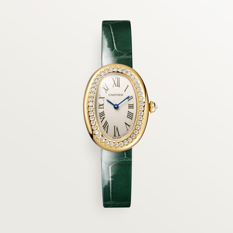 Baignoire Mini 31.4mm x 23.09mm Yellow Gold Diamond Case Diamond Crown Silvered Dial Green Alligator Strap Quartz Watch