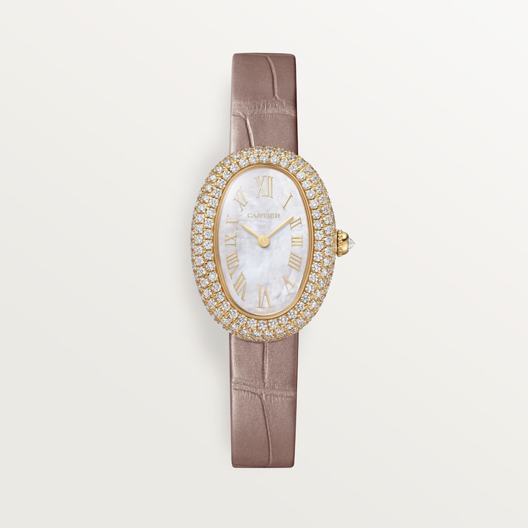 Baignoire Small 31.4mm x 23.1mm Yellow Gold Diamond Case Diamond Crown Mother-of-Pearl Dial Beige Alligator Strap Quartz Watch