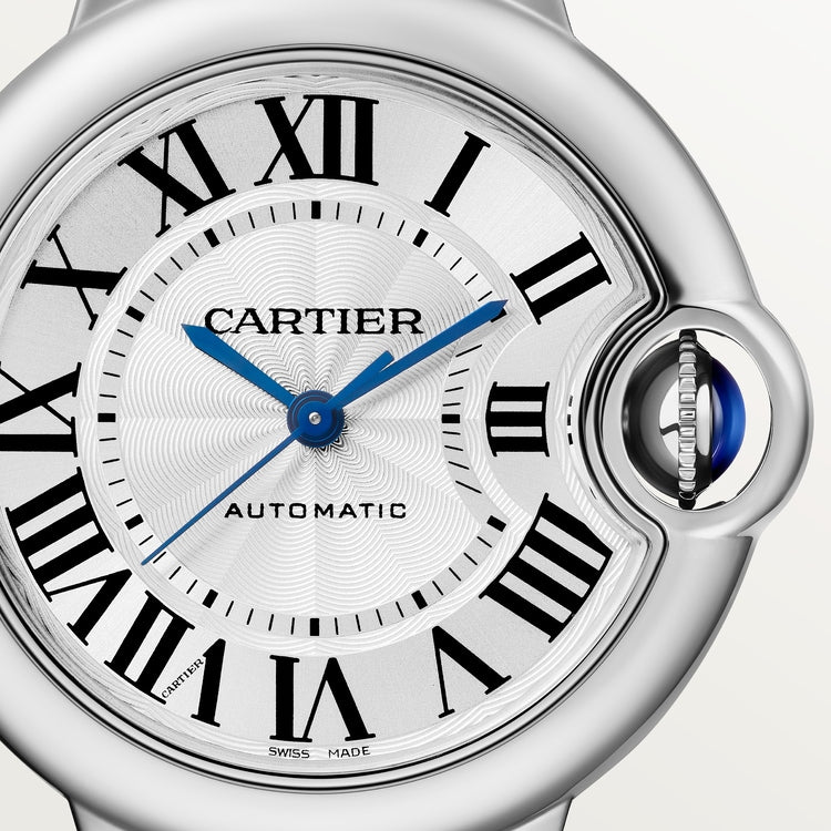Ballon Bleu 33mm Steel Automatic Silver Guilloché Dial Alligator Strap Watch
