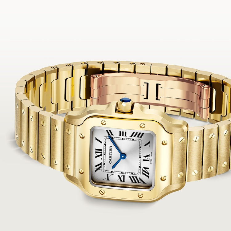 Santos de Cartier Small 34.5mm x 27mm Yellow Gold Blue Crown Silver Sunray Dial Yellow Gold Bracelet Quartz Watch