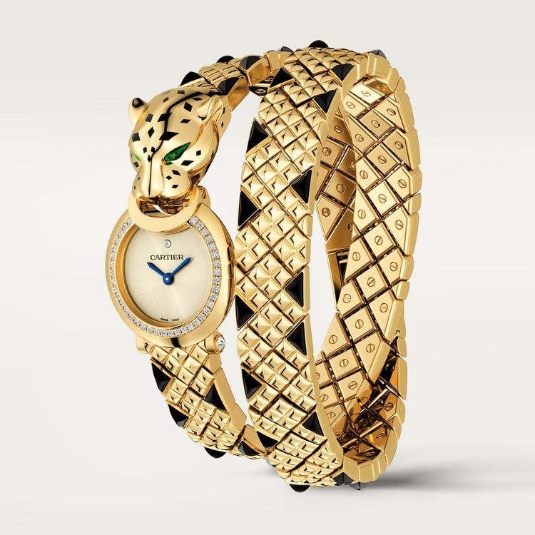 Panthère Mini 23.6mm Yellow Gold Diamond Bezel Tsavorite Eyes Golden Dial Yellow Gold Bracelet Quartz Watch