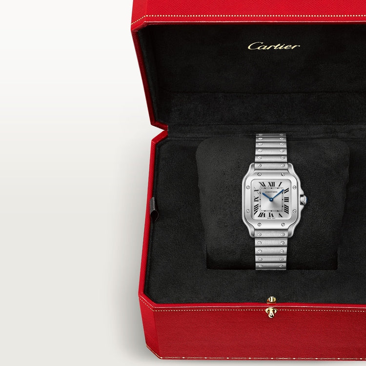 Santos de Cartier Small 34.5mm x 27mm Steel Blue Crown Silver Sunray Dial Steel Bracelet Quartz Watch