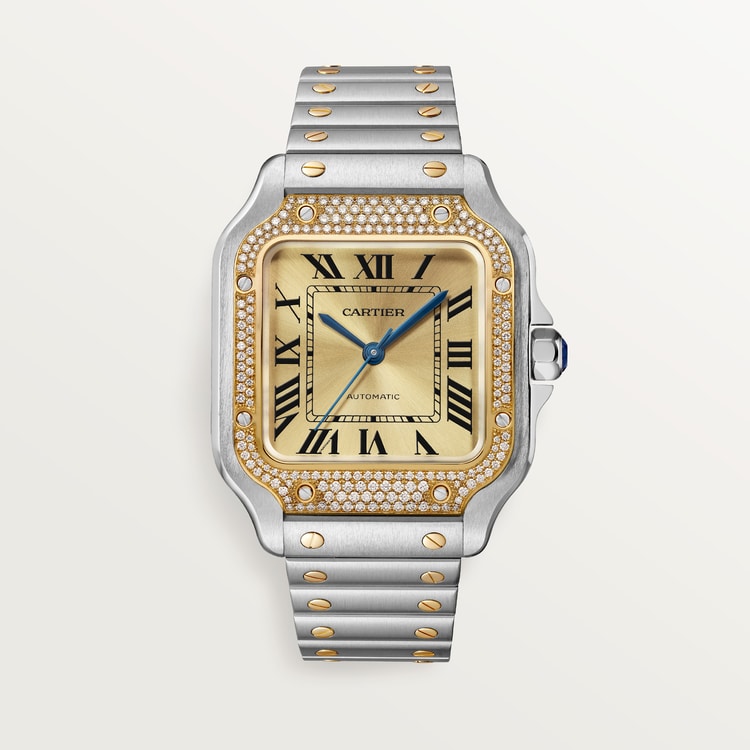 Santos de Cartier Medium 35.1mm Steel Yellow Gold Diamond Bezel Blue Crown Golden Sunray Dial Steel Bracelet Automatic Watch