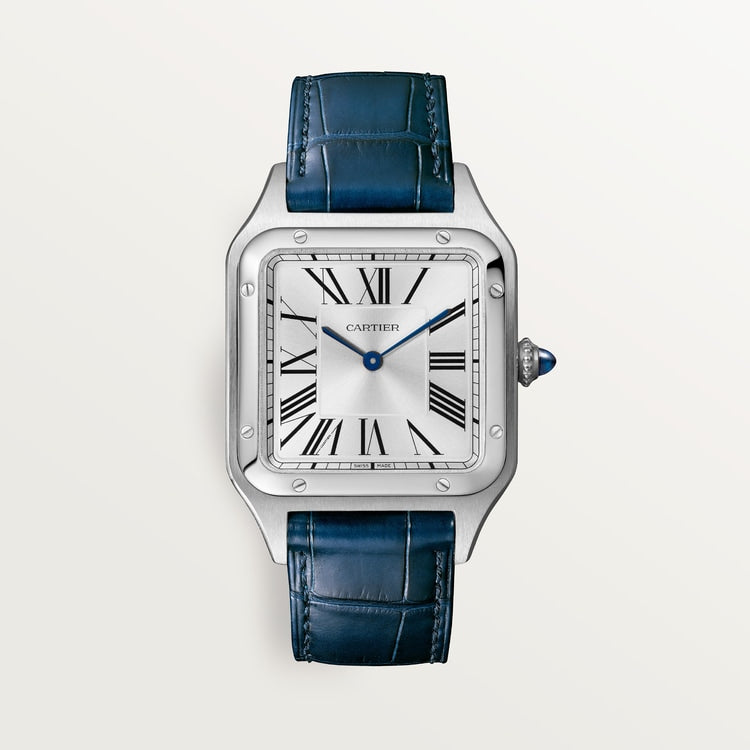 Santos-Dumont Large 43.5mm x 31.4mm Steel Blue Crown Silver Sunray Dial Navy Blue Alligator Leather Strap Quartz Watch