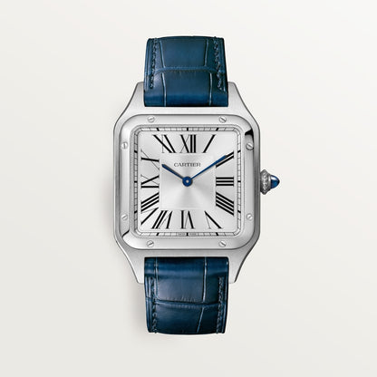 Santos-Dumont Large 43.5mm x 31.4mm Steel Blue Crown Silver Sunray Dial Navy Blue Alligator Leather Strap Quartz Watch