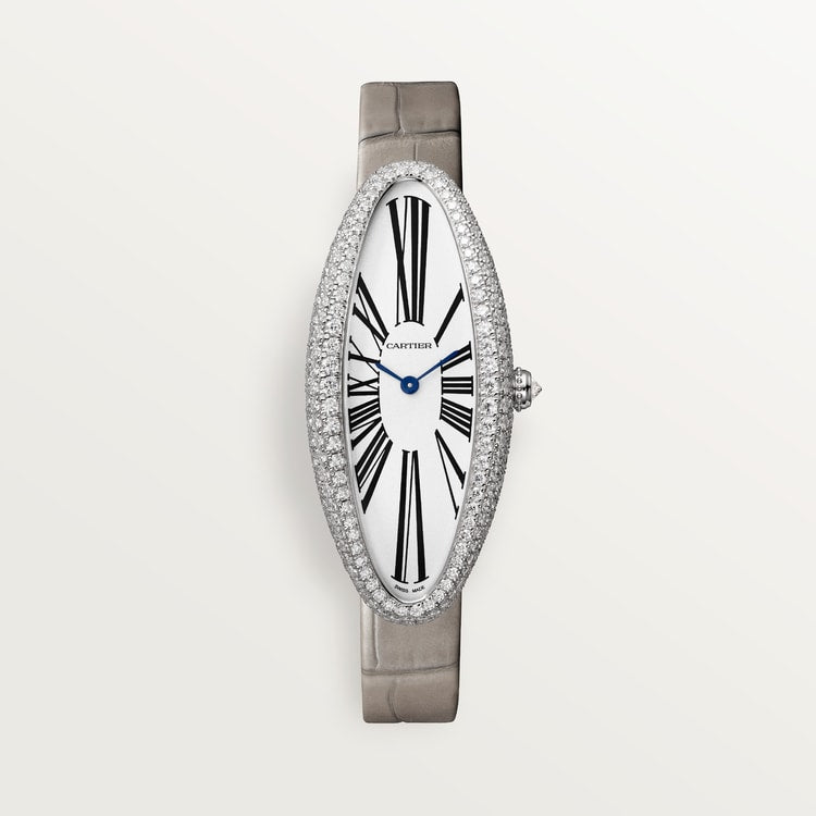Baignoire Allongée Medium 47mm x 21mm White Gold Diamond Beaded Crown Silvered Dial Gray Alligator Strap Watch