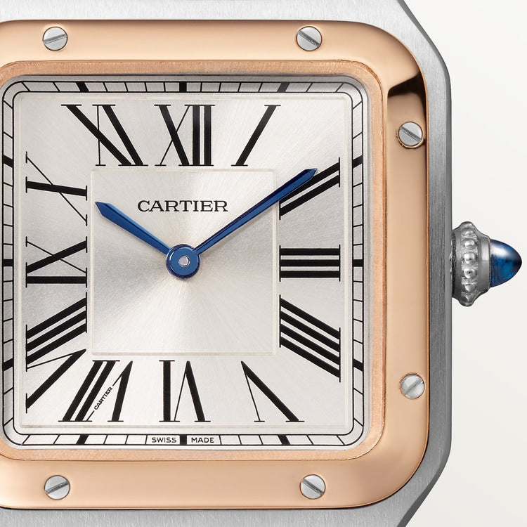 Santos-Dumont Small 38mm x 27.5mm Steel Rose Gold Bezel Silvered Satin-Finish Dial Black Alligator Strap Quartz Watch