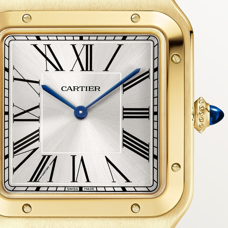 Santos-Dumont Extra-Large 46.6mm x 33.9mm Yellow Gold Silver Satin-Finish Dial Blue Alligator Strap Self-Winding Watch
