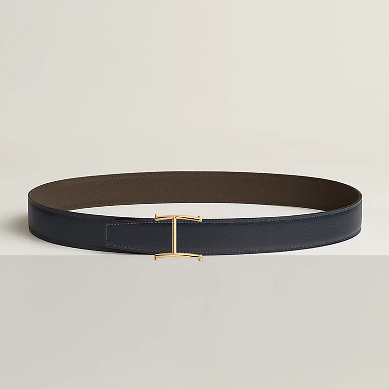 NOIR / GOLD - BLEU MARINE / ÉCORCE SERIF BELT BUCKLE & REVERSIBLE LEATHER STRAP 32 MM