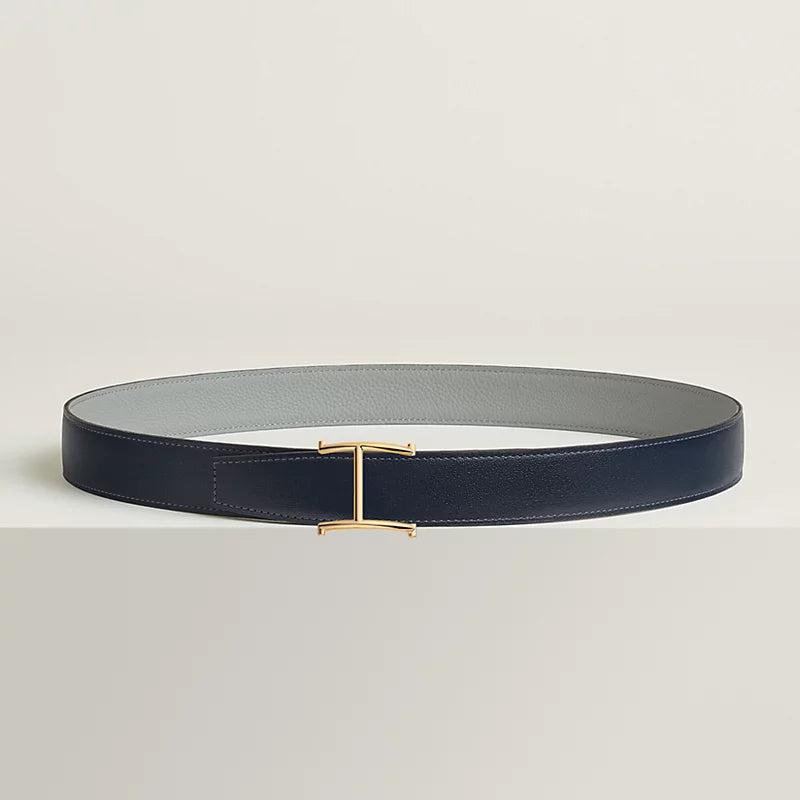 NOIR / GOLD - BLEU MARINE / ÉCORCE SERIF BELT BUCKLE & REVERSIBLE LEATHER STRAP 32 MM