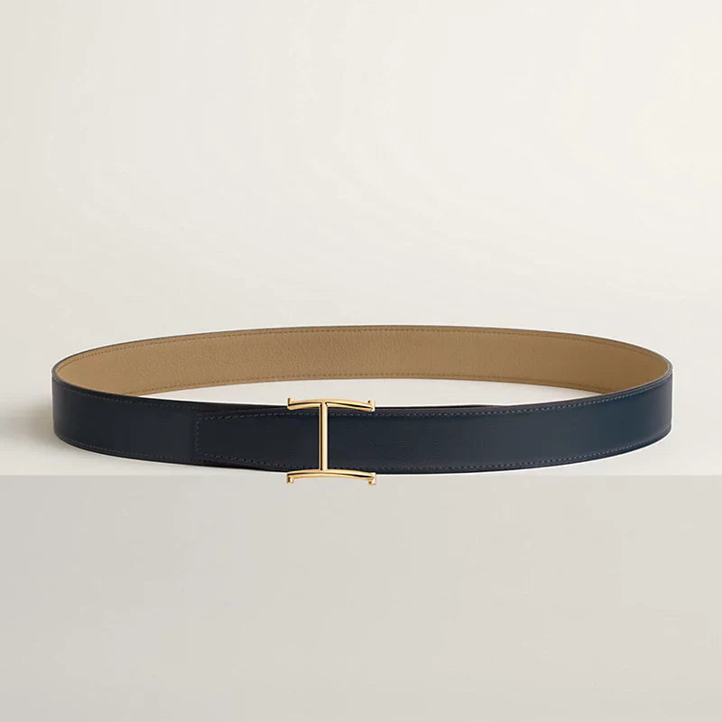 NOIR / GOLD - BLEU MARINE / ÉCORCE SERIF BELT BUCKLE & REVERSIBLE LEATHER STRAP 32 MM