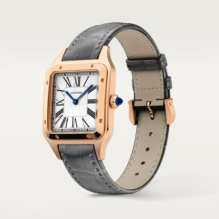 Santos-Dumont Large 43.5mm x 31.4mm Rose Gold Blue Crown Silver Sunray Dial Gray Alligator Leather Strap Quartz Watch
