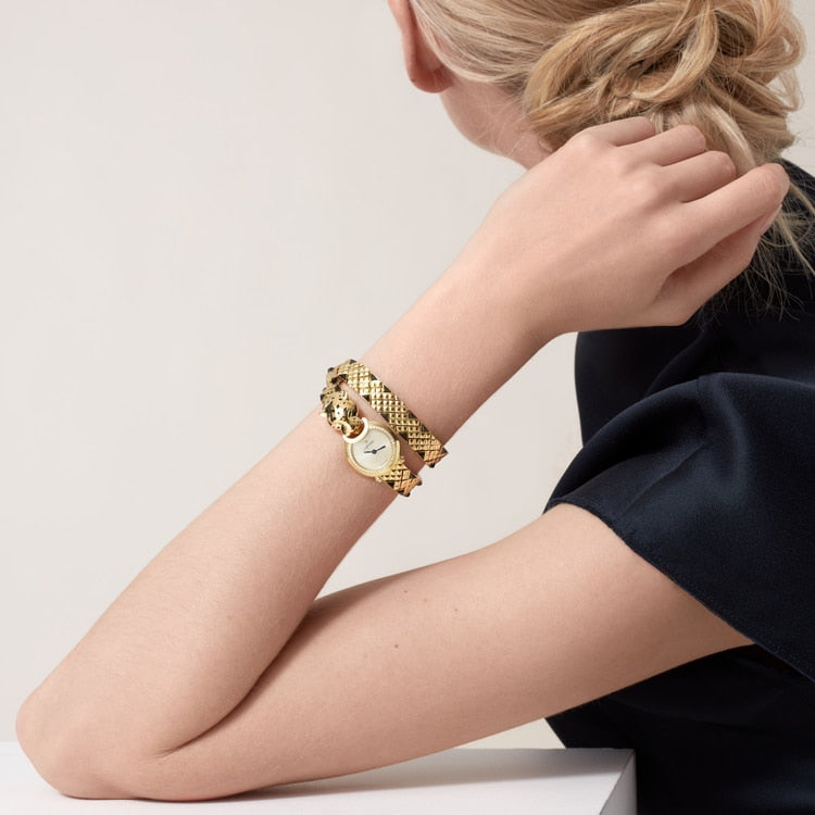 Panthère Mini 23.6mm Yellow Gold Diamond Bezel Tsavorite Eyes Golden Dial Yellow Gold Bracelet Quartz Watch