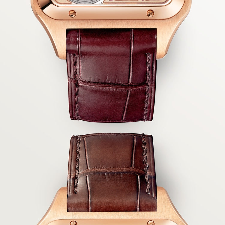 Santos-Dumont Large 43.5mm x 31.4mm Rose Gold Blue Crown Skeleton Dial Burgundy Alligator Strap Self-Winding Watch