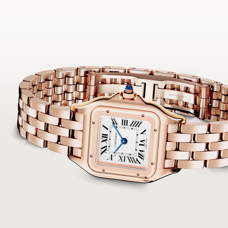 Panthère Small 23mm x 30mm Rose Gold Blue Crown Silvered Dial Rose Gold Bracelet Quartz Watch