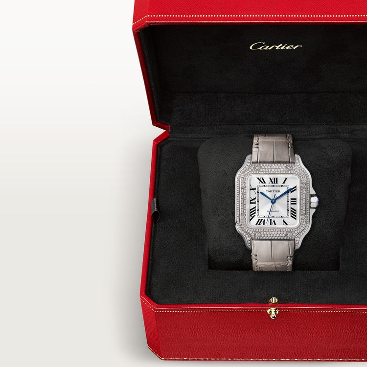 Santos de Cartier Medium 35.1mm White Gold Diamond Bezel Blue Crown Silver Sunray Dial Alligator Leather Strap Automatic Watch