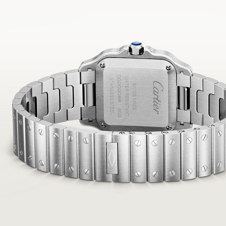 Santos de Cartier Small 34.5mm x 27mm Steel Blue Crown Silver Sunray Dial Steel Bracelet Quartz Watch