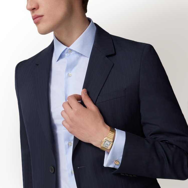 Santos de Cartier Small 34.5mm x 27mm Yellow Gold Blue Crown Silver Sunray Dial Yellow Gold Bracelet Quartz Watch