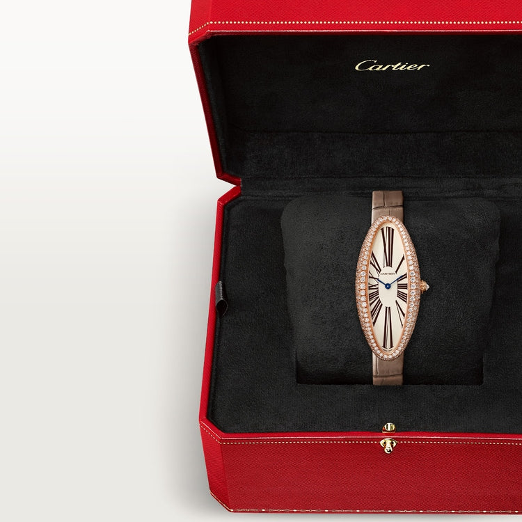 Baignoire Allongée Medium 47mm x 21mm Rose Gold Diamond Case Diamond Crown Silvered Dial Taupe Alligator Strap Manual Wind Watch